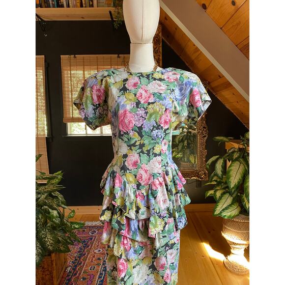 80s Party Dress Floral Ruffle - Picture 2 of 9